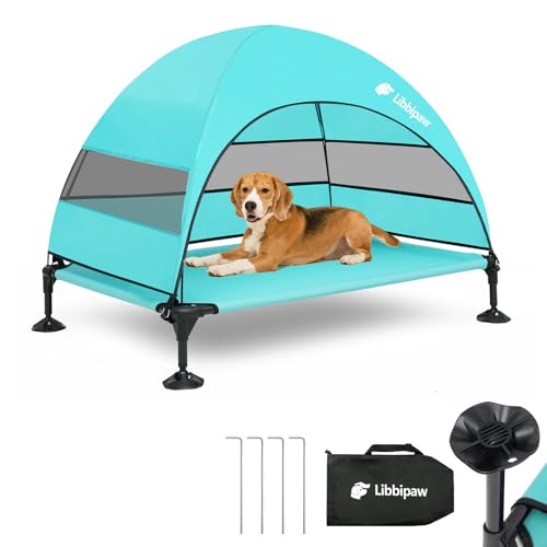Windproof Elevated Dog Bed with Canopy & Stakes, 3-Sided 90% UV Block, Chew-Proof Teslin Mesh Mat for Large Dogs up to 150lbs(Blue Large) - color: Blue, size: Large