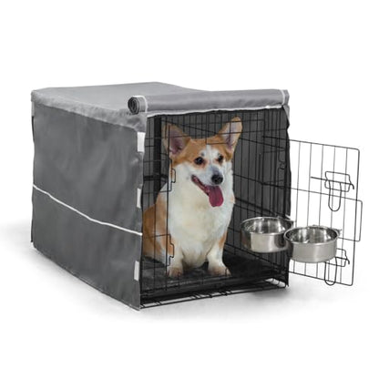 BOWHAUS 30-Inch Single Door Dog Crate Kit Includes Crate Cover, Dog Bed & 2 Bowls and Bowl Racks, Indoor Dog Cage Bundle Set, Foldable Wire Metal Dog Kennel w/Pan for Small, Medium Dog - size: w/ Two Bowls