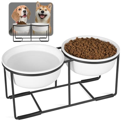 Ceramic Elevated Dog Bowl Set - Raised Food and Water Bowls with Metal Stand - Double Pet Dishes for Small and Medium Dogs - 3 Cups - 24.3 fl oz - Matte White - color: Matte White, size: L-400ml