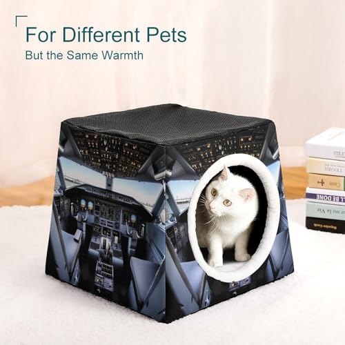 Airplane Cockpit Cat Bed for Indoor Cats - Foldable Cat & Dog House with Removable Cozy Cushion, Waterproof Oxford Washable Pet House for Small Pets 13.8" X 13.8" X 11.8"