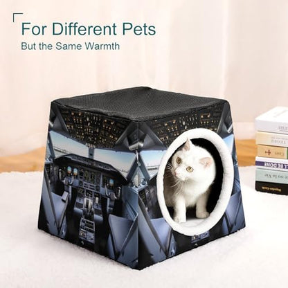 Airplane Cockpit Cat Bed for Indoor Cats - Foldable Cat & Dog House with Removable Cozy Cushion, Waterproof Oxford Washable Pet House for Small Pets 13.8" X 13.8" X 11.8"