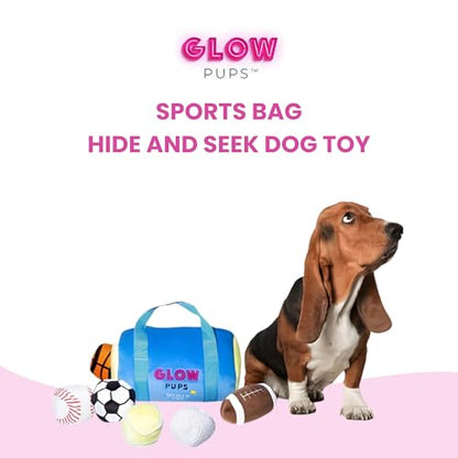Glow Pups Dog Toy Sports Bag Hide and Seek Interactive Dog Toy with 6 Plush Squeaky Balls, Crinkle 10 Inches Long, Soft Plush, Blue and Yellow Sports Bag with Basketball, Soccer and Football - style: Sports Bag with Basketball, Soccer and Football Plush D