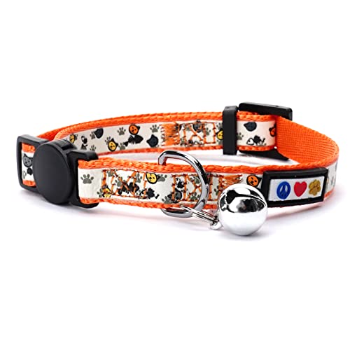 Pawtitas Glow in the Dark Cat Collar – Safety Buckle & Removable Bell, Adjustable Kitten Collar, Orange - color: GID Orange