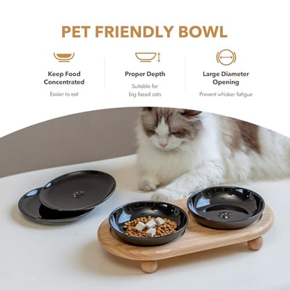 Havniva Cat Bowls Elevated 5.6” Ceramic Cat Bowl with Stand Whisker Friendly Cat Dishes, Cat Food & Water Bowl Set with Two Heights Options, Raised Cat Food Plates for Kitten Anti-Slip Pet Bowls - color: 2 Bowls+2 Shallow Dishes+Stand- Black