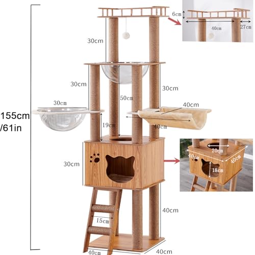 61'' Wooden cat Tree with cat Condo, Cat Stairs Scratching Posts, 2 Bowl,Sisal Scratching Posts,Cozy Cat Hammock and Top Perch. Cat Tree for Large Cats.