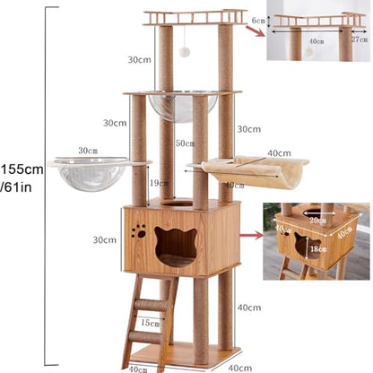 61'' Wooden cat Tree with cat Condo, Cat Stairs Scratching Posts, 2 Bowl,Sisal Scratching Posts,Cozy Cat Hammock and Top Perch. Cat Tree for Large Cats.