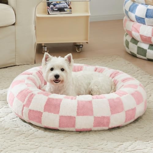 Ohocut Checkered Dog Bed, Cute Girly Pink Retro Style Aesthetic Round Warming Pet Calming Beds for Small Dog and Cats, Plush Cozy Donut Dog Beds Washable, 30" L x 30" W x 8" Th - color: Pink, size: 30"L x 30"W x 8"Th