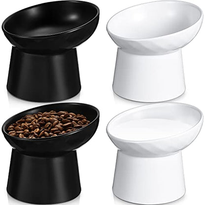 Tanlade 4 Pcs Ceramic Raised Cat Bowls, Elevated Tilted Cat Bowl for Food Water, Stress Free, Backflow Prevention, Dishwasher Microwave Safe, Feeder Dish for Indoor Kitten, Small Dogs(White and Black) - color: White and Black