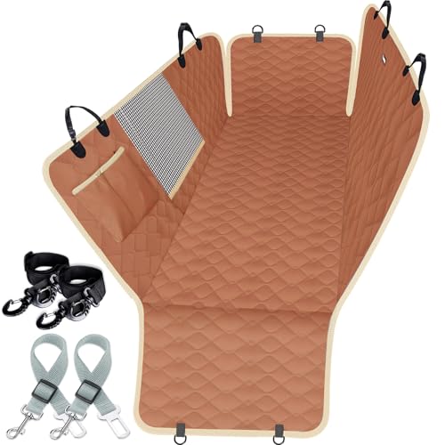 Lassie Dog Car Seat Covers for Back Seat with 2 Seat Belts, Waterproof Dog Car Hammock with Mesh Window Durable Scratch Proof Nonslip Pet Carseat Covers Universal Fit Protector for Cars, Trucks & SUVs - color: Brown, size: Standard