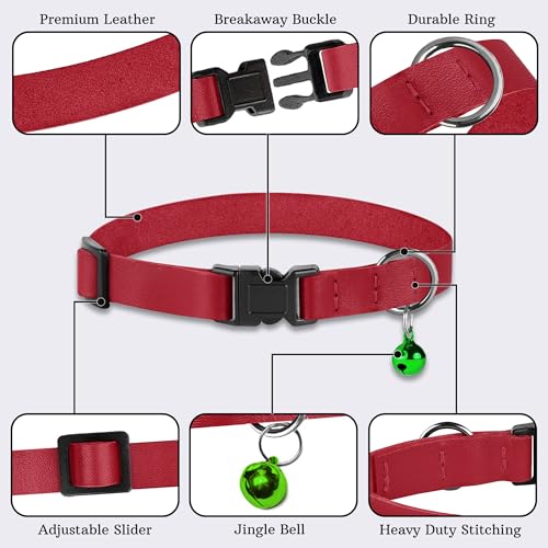 Breakaway Cat Collar with Bell - Leather Adjustable Kitten Collars with Safety Quick Release Buckle - Soft Small Pet Collars for Girl & Boy Cats (Red) - color: Red
