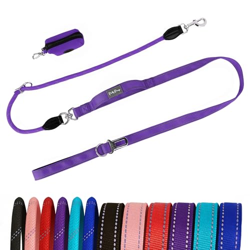 6FT Heavy Duty Dog Leash for Small Medium Large Dogs, Tangle Free Reflective Dog Training Leash with Double Handle, Seat Belt Buckle & Poop Bag Holder (Purple) - color: Purple, size: 6FT