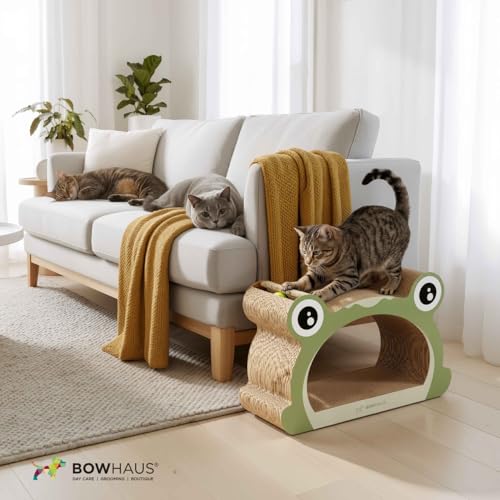 BOWHAUS Frog Style Cat Scratching Board, Cat Scratcher Lounger with Play Ball for Indoor Cat, Durable & Long-Lasting Scratching Board Cardboard, Furniture Protector Scratching Pad
