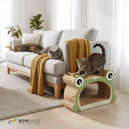 BOWHAUS Frog Style Cat Scratching Board, Cat Scratcher Lounger with Play Ball for Indoor Cat, Durable & Long-Lasting Scratching Board Cardboard, Furniture Protector Scratching Pad