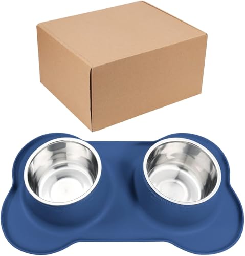 Dog Food Bowls Stainless Steel Dog Bowls, Food Water Bowl Set with No Spill Non-Skid Silicone Mat, Dog Dish Double Pet Feeder Bowls for Small Medium Sized Large Dogs Cats Puppy, Blue - color: BLUE, size: 4¾ Cup/38 oz each