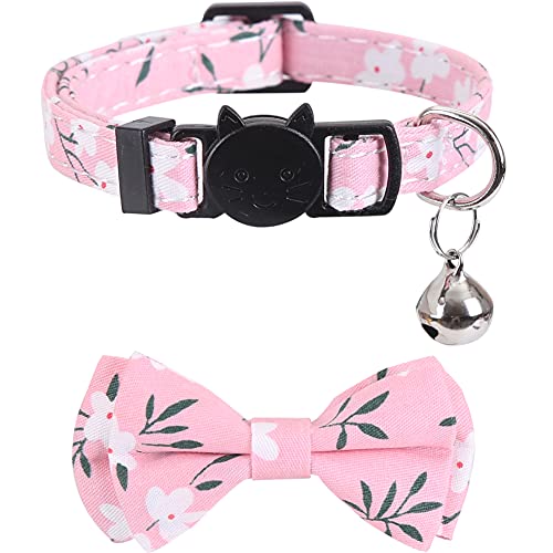2 Pack/Set Cat Collar Breakaway with Cute Bow Tie and Bell Plaid Flower for Kitty Adjustable Safety - color: Pink-2