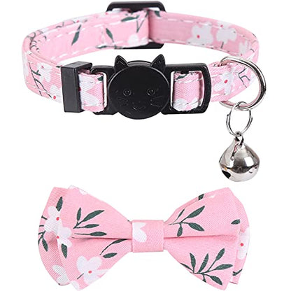 2 Pack/Set Cat Collar Breakaway with Cute Bow Tie and Bell Plaid Flower for Kitty Adjustable Safety - color: Pink-2