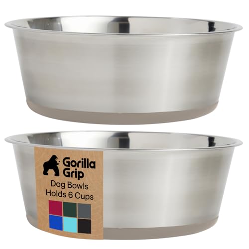 GORILLA GRIP Dog Bowls, Food Grade 304 Stainless Steel, Holds 6 Cups Each (48 fl oz) Food and Water Bowl for Feeding Dogs and Cats, Dishwasher Safe, Rust Resistant, BPA Free Rubber Base Set of 2 Beige - color: Beige, size: 6 Cup (48 Oz)
