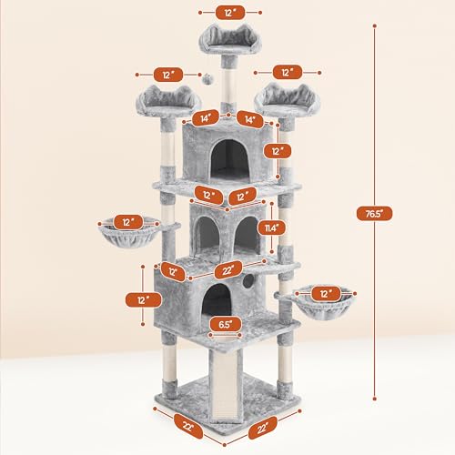 Yaheetech 76.5in Multi-Level Large Cat Tree, Big Cat Tower with 3 Condos, Cozy Plush Perches, 9 Sisal Scratching Posts and Ladder, Activity Center for Large Kitties, Light Gray - color: Light Gray