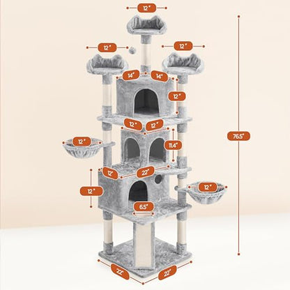Yaheetech 76.5in Multi-Level Large Cat Tree, Big Cat Tower with 3 Condos, Cozy Plush Perches, 9 Sisal Scratching Posts and Ladder, Activity Center for Large Kitties, Light Gray - color: Light Gray
