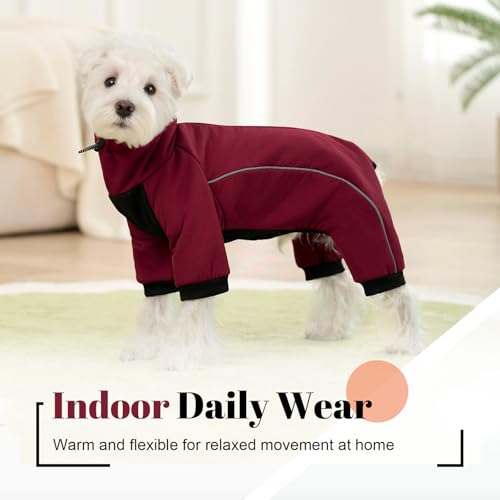 Four Leged Dog Winter Coat, Fullbody Warm Fleece Dog Jacket, Reflective Puppy Cold Weather Coats with Leash Hole & Drawstring, Back Zipper Water-Resistant Doggie Winter Clothes - color: Dark Red, size: Small