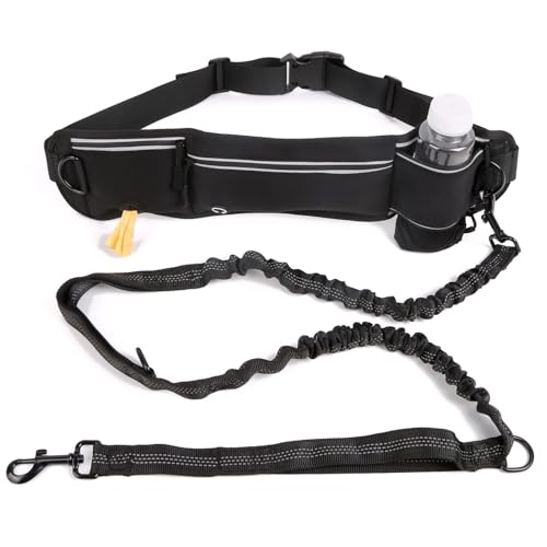 Lightweight Hands Free Dog Walking Waist Belt Leash with Storage Pouch, Featuring Dual Handles and Heavy-Duty Durable Bungee—Perfect for Outdoor Hiking and Running (Black) - color: Black