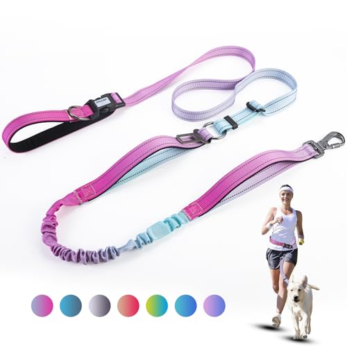 Heavy Duty Hands Free Dog Leash, 5-7 FT Reflective Adjustable Waist Dog Leash Belt with Padded Handles, Shock Absorbing Bungee and Car Seat Belt for Large Medium Dogs (Gradient Pink, XL) - color: Gradient Pink