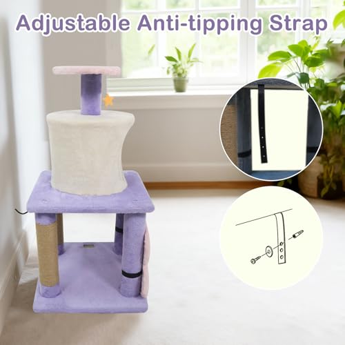 PETSITE 31.5-inch Cute Cat Tree, Multi-Level Small Cat Tree with Scratching Posts, Condo, Star-Shaped Dangling Toys, and Top Perch, Star, Moon & Cloud Elements Mixed, Ideal for Indoor Cats (Purple) - color: Purple