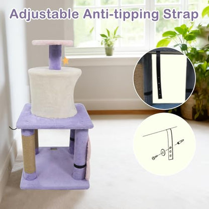PETSITE 31.5-inch Cute Cat Tree, Multi-Level Small Cat Tree with Scratching Posts, Condo, Star-Shaped Dangling Toys, and Top Perch, Star, Moon & Cloud Elements Mixed, Ideal for Indoor Cats (Purple) - color: Purple