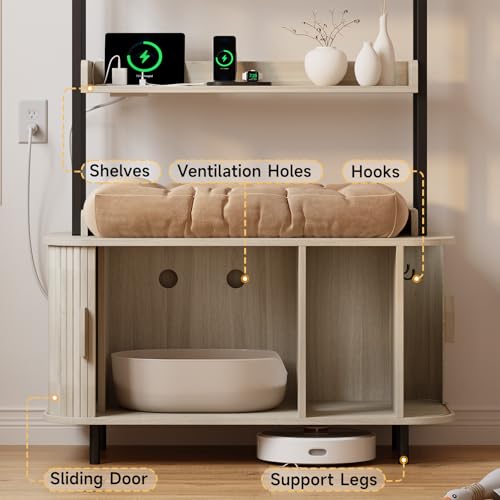 ONBRILL 54 Inch Hidden Litter Box Furniture with Shelves and Outlets,Fluted Cat Litter Box Enclosure, Mid-Century Modern Wooden Cat House with Sliding Tambour Door and Hooks, White - color: White
