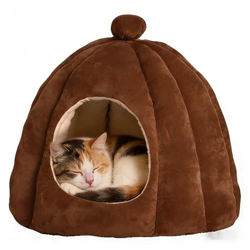 Cat Bed for Indoor Cats - Adorable Cozy Pumpkin Cat Cave with Removable Cushion, Super Soft Pet House Tent for Kittens & Small Pets, Warm & Washable Non-Slip Design(S 15 inch Brown) - style: Brown