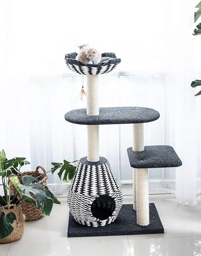 PetPals Ace 4-Level Multi-Activity Cat Tree with Handwoven Recycled Paper Rope Condo and Top Nest Bed, Replaceable Sisal Scratching Posts, Feather Teaser Toy, Black & White - color: Black and white