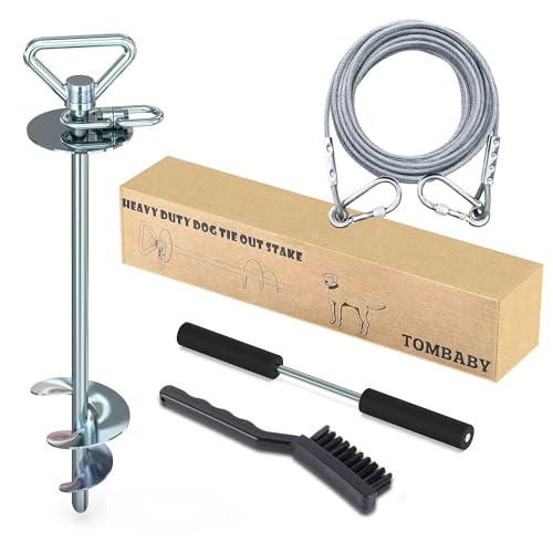 TOMBABY Dog Tie Out Cable and Stake,with 30FT Heavy Duty Cable,360° Swivel Dog Anchor& Anti-Tangle,Dog Runner for Yard,Dog Stake Allows Dogs Up to 150 lbs, Dog Stakes for Outside Beach,Camping, Yard - color: 13''silver+30FT