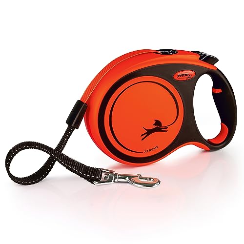 FLEXI Xtreme Tape Retractable Dog Leash for Large Dogs Upto 121 lbs. – 26 ft., Orange/Black | Tangle Free Pet Walking Leash with One-Handed Brake, Pause, Lock | German Quality Product