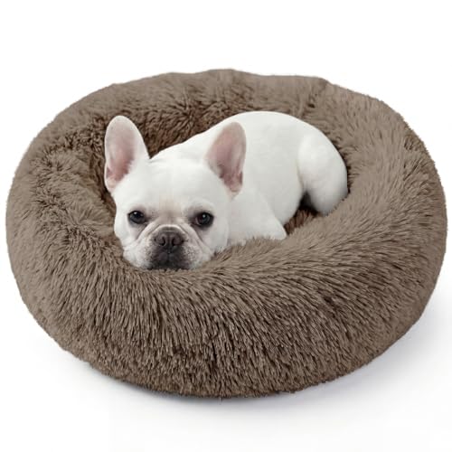 WROS Calming Dog Bed, 20" x 20" x 6" Fits Cat & Dog, Anti-Slip Round Washable Faux Fur for Doze Off, Napping Orthopedic, Khaki - color: Khaki, size: 20.0"L x 20.0"W x 6.0"Th