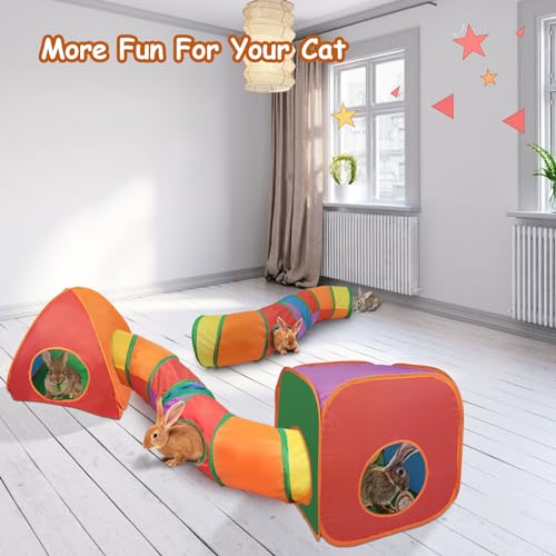 Rypet Cat Tunnels for Indoor Cats with Cube Tent Toys Combo Pop Up Collapsible Crinkle Interactive Peek Hole Cat Tube with Play Ball and Bell for Kitten, Puppy, Kitty, Rabbit - color: Rainbow