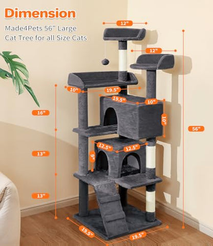 Made4Pets Cat Tree Tower 56in Cat Tower for Indoor Cats Kitten Tree Multi-Level Cat Tree with 2 Condo Furniture Activity Center with Scratching Posts Funny Toys Kittens Pet Play House, Grey - color: Grey