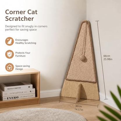 Corner Cat Scratcher–26in Tall Cat Scratching Post, Space Saving Leaning Cat Tree Protects Furniture, Multi-Level Solid Wood with Natural Sisal, Wall Corner Cat Scratch Post for Indoor Cats