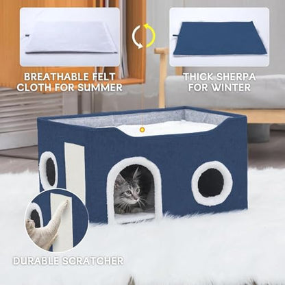 Cat House for Indoor Cats – Foldable Cat Cave & Covered Cat Bed, Cozy Hideaway for Small Pets and Large Cats (23.6"x16"x12.8"),Navy Blue - style: Navy Blue