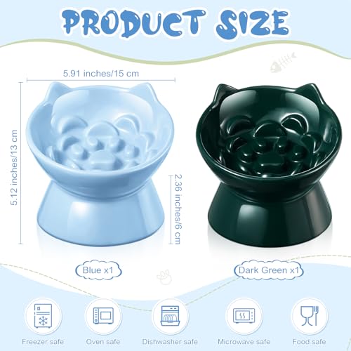 Funnymoom 2 Pcs Ceramic Raised Slow Feeder Cat Bowl, 5.91inch Elevated Cat Slow Feeder Bowl Tilted Anti Vomiting for Dry Wet Food and Water Easy to Clean High Edge(Dark Green, Blue) - color: Dark Green, Blue