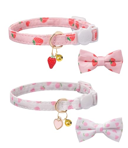 Breakaway Cat Collar with Bow Tie,2 Pack Adjustable Kitten Collars with Removeable Bowtie and Bells for Girl Boy Cats. (Pink and White) - color: pink and white