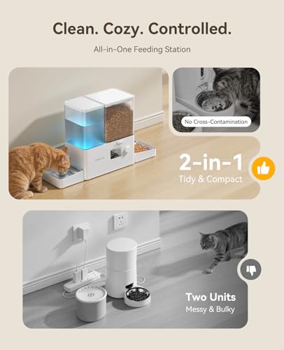 ROJECO Automatic Cat Feeder and Water Dispenser,36Cups/8.5L 2-in-1 Stainless Steel Bowls Large Capacity Cat Food Dispenser and Gravity Water Fountain for Cats Small Dogs Puppies Kittens Pets - color: White, size: 8.5L-Standard