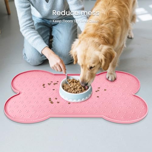 PWTAA Dog Food Mat Anti-Slip Silicone Dog Bowl Mat Thicker Pet Placemat Waterproof Cat Feeder Pad with Raised Edge Puppy Kitten Feeding Mats Suitable Small Medium-Sized Dogs Cats Eating Tray - color: Pink, size: 25.6" x 13"