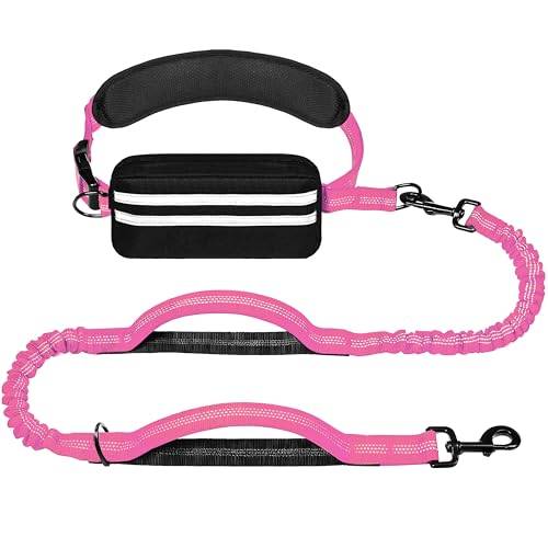 Hands Free Dog Leash with Zipper Pouch, Running Waist Leash for Dog Walking, Adjustable Waist Belt for Large Dogs, Reflective Bungee Design with Two Handle for Hiking, Training, Pink - color: Pink