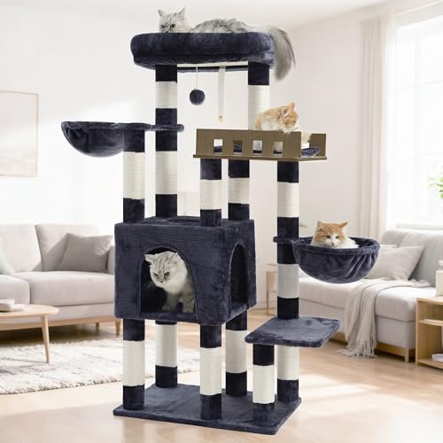 Gitelsnour Cat Tree for Indoor Cats Large Adult, Heavy Duty Cat Tree for Large Cats 20 lbs+, Cat Condo with Big Wooden Perch, Cat Tower with 14 Scratching Posts, Hammock, Smoky Gray GCT023G - color: Dark Gray, size: 52 inches