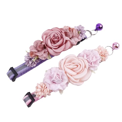 2 Pack Cat Collar Pink Floral with Bell and Removable Flower Bowtie Breakaway Adjustable Cat Collar for Girl Kitten Puppy Small Cats Dogs Daily Decoration (XQ10-8) - color: XQ10-8
