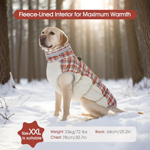 FUAMEY Dog Coat for Small Dogs,Waterproof Dog Winter Jacket with Harness Built in Puppy Cold Weather Coats Reflective Pet Vest with Zipper Warm Fleece Dogs Snowsuit Windproof Red Plaid XS - color: Red Plaid, size: XS(chest:14in)