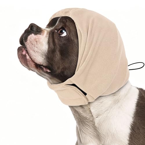 Dog Calming Hoodie, Soft & Adjustable No Shake Ear Wrap for Dogs Hematoma, Noise Protection Dog Head Muffs, Anxiety Relief Ear Cover for Dogs for Fireworks, Separation, Drying, Thunder - color: Khaki, size: Small