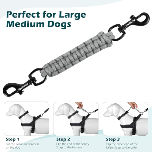 Dog Collar Safety Clip, Handmade Backup Safety Strap for Dog Harness, Prong, Pinch Collar, Double Ended Clasp Leash Connector (Grey) - color: Grey