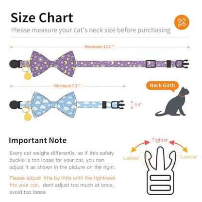 2 Pack Cotton Cat Collar with Bow Tie and Bell for Girl Boy Cats,Cute Pink Flamingo and Blue Whale Pattern Spring Summer Breakaway Cat Collar for Male Female Cats (Moon&Cloud) - color: Moon&Cloud