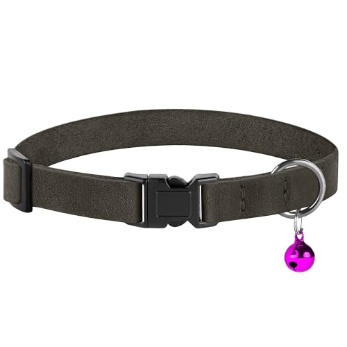 Breakaway Cat Collar Leather with Removable Bell - 13 Colors Available - Soft Adjustable Girl Boy Safety Lightweight Pet Kitten Collars Pink Brown Blue Green Red Orange Black (Graphite) - color: Graphite
